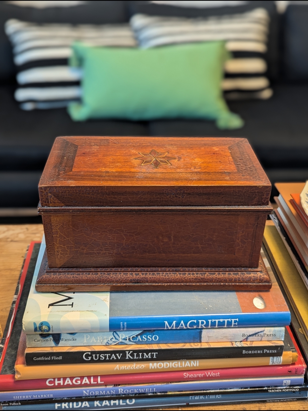 Marquetry Wood Box | Blue Velvet Lined Mirror Vanity Chest
